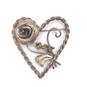 Lang Sterling Silver Vintage Heart and Rose Brooch Pin